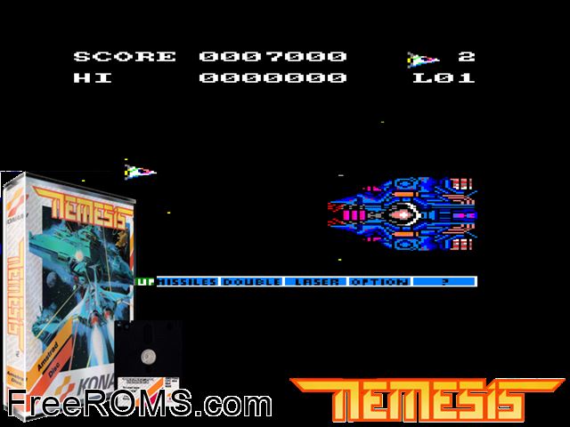 Nemesis (UK) (1987) [a1] Amstrad CPC game showing 3D box cover and gameplay screenshot